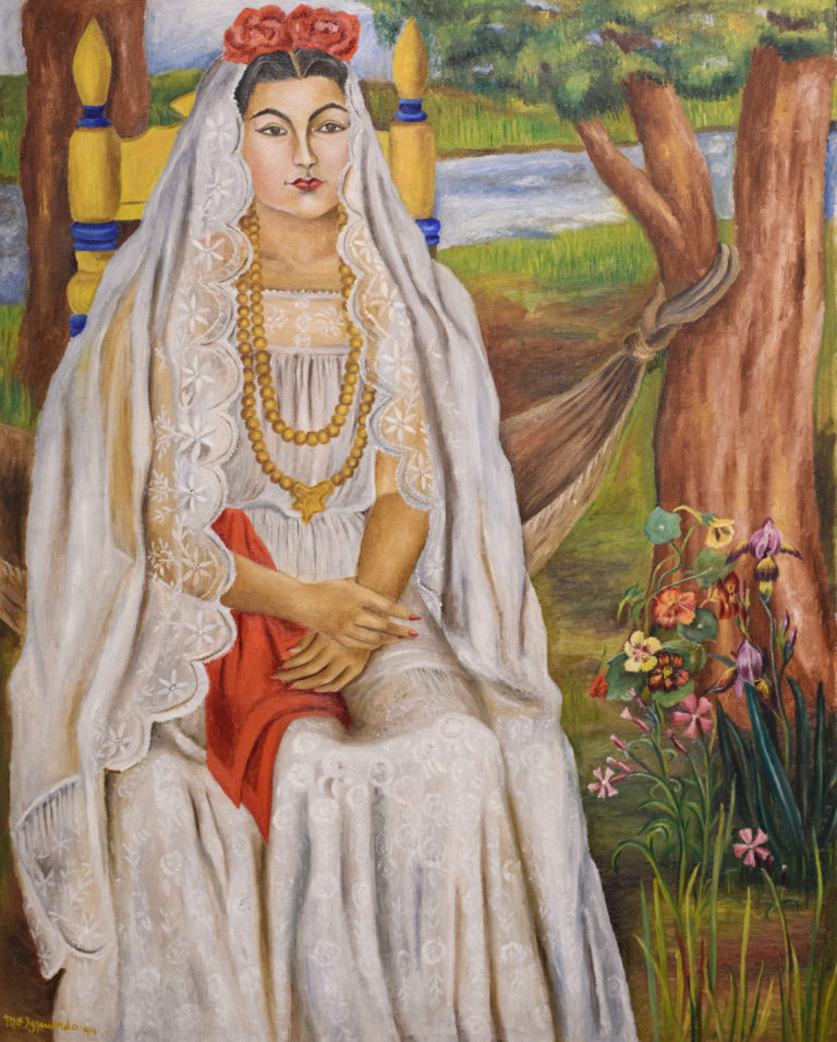 Bride from Paplanta, 1944 painting by María Izquierdo. Woman in white dress and veil