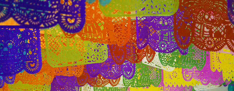 Close up of multicolored papel picados for Day of the Dead