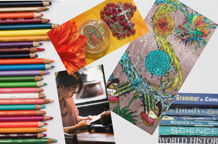 Back to school images: pencils (by Kelli Tungay on Unsplash), rosary (by Madeleine Dimond), quetzalcoatl serpent god (by Narayan Mukti from Pixabay), school books (by Clarissa Watson on Unsplash), Asian boy studying in restaurant (hoto by buian_photos on Unsplash)