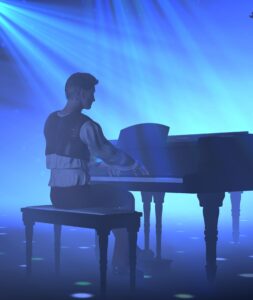 Man playing piano under blue lights from Adobe Stock